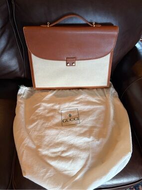 Vintage Gucci Tan and Cream Leather-Trim Briefcase